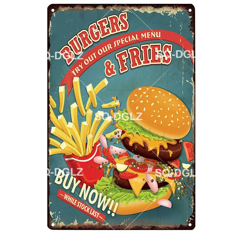 [SQ-DGLZ] лучший гамбургер жестяная вывеска бургер& фри настенный декор сэндвичи металлические поделки живопись таблички художественный плакат