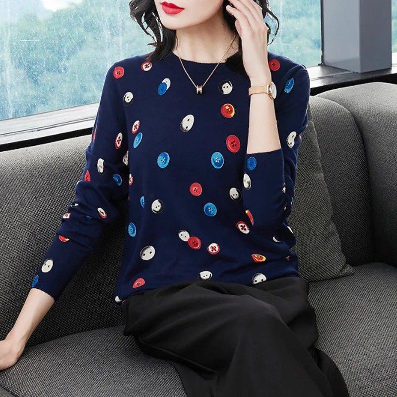 

2019 spring new button pattern sweater Korean print thin sweater women loose long sleeve Pullover Knit Top