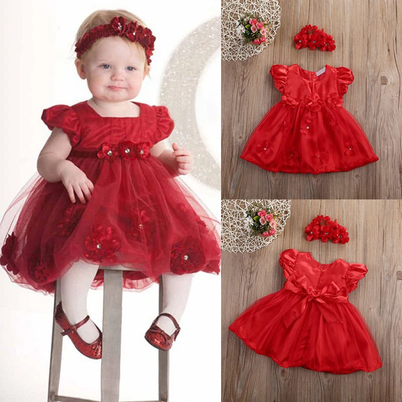 

Summer Baby Girls Red Floral Dresses Little Girl Mesh Tulle Short Sleeve Headband Wedding Party Headwear Outfit Clothes Q1