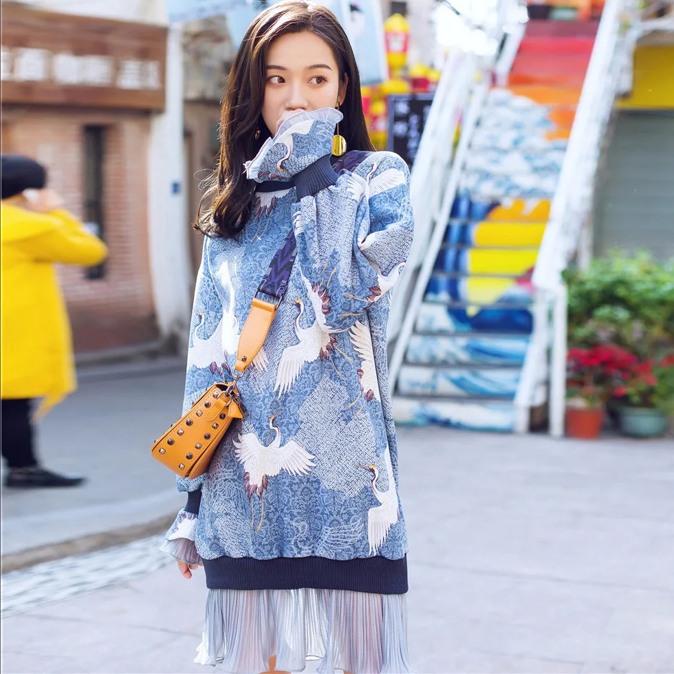 

TREND-Setter 2019 Spring Fashion Blue Crane Pattern Dress Splice Mesh Women Loose Casual Pullovers Long Sleeve