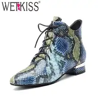 WETKISS Print Cow Leather Women Ankle Boots Cross Tied Square Toe Footwear Casual Female Boot Fashion Shoes Woman 2020 Winter