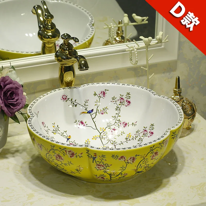 

Ceramic Counter Top Wash Basin Cloakroom Hand Painted Vessel Sink bathroom sinks Flowers and birds pattern wash basin counter