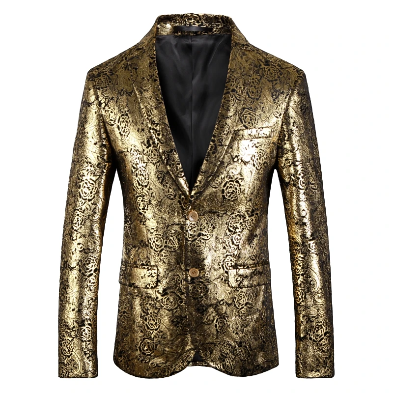 2018 Новая мода мужской костюм куртки золото жаккардового переплетения Блейзер Luxry с лацканами вечерние этап одежда платье Slim Fit Формальные