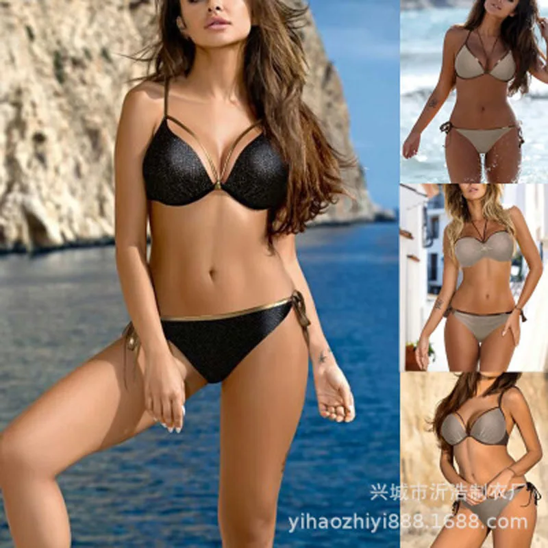 

Black Gilding Patchwork Bikini Set Women Push Up Swimsuit Padded Swimwear Halter Summer Swimming Suit Bather Beachwear Biquini