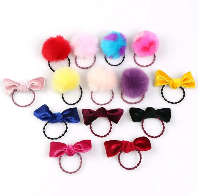 7pcs/set Velvet Hair Bows kids pompom ball elastic hair band Girls Hair Gum Ties Rope Ponytail Holder Kids Hair Accessories Q40 baby christmas hat pompom winter mother kids beanie hats infant bonnet accessories children girls boys cap christmas gift