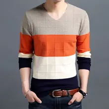 Осень Зима теплые шерстяные свитера повседневные модного цвета, в стиле пэчворк пуловер с v-образным вырезом мужской бренд Slim Fit хлопковый свитер