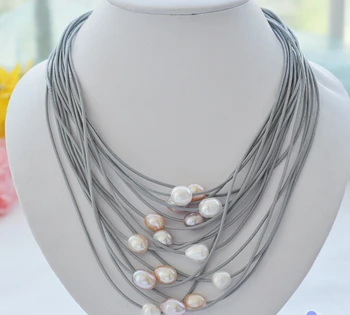 

~$wholesale_jewelry_wig$ 15row 20" 13mm white pink rice pearl gray leather necklace