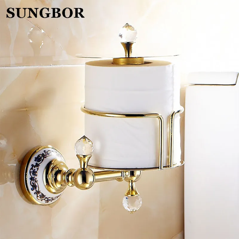 Luxury Crystal Brass Golden Paper Box Toilet Paper Holder WC Paper