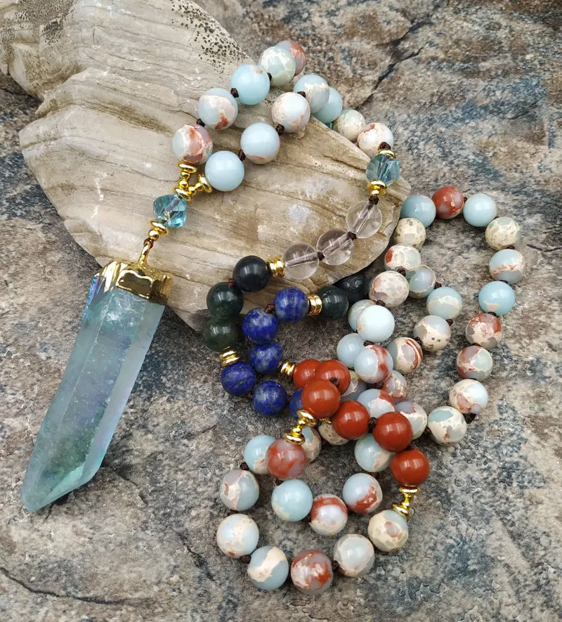 

Aura Blue Quartz Pendant Jaspers Agates Lapis Stone Beads Knot Handcraft Necklace M0013