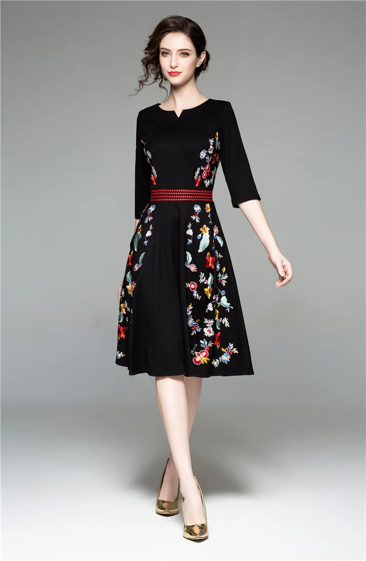 Top Quality Dress New 2019Spring Autumn Dress Women Vintage Floral Embroidery Patchwork A-Line Rockabilly Dress for Party Event