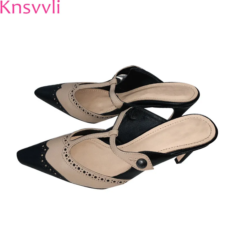 

Knsvvli 2019 spring high heel mixed color patchwork women shoes pointy toe hollow cut outs T type belt buckle slippers women