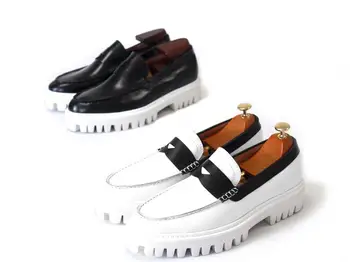 

Platform shoes fashion retro chunky heel men loafers height increasing slip on men's leather shoes comfortable flats