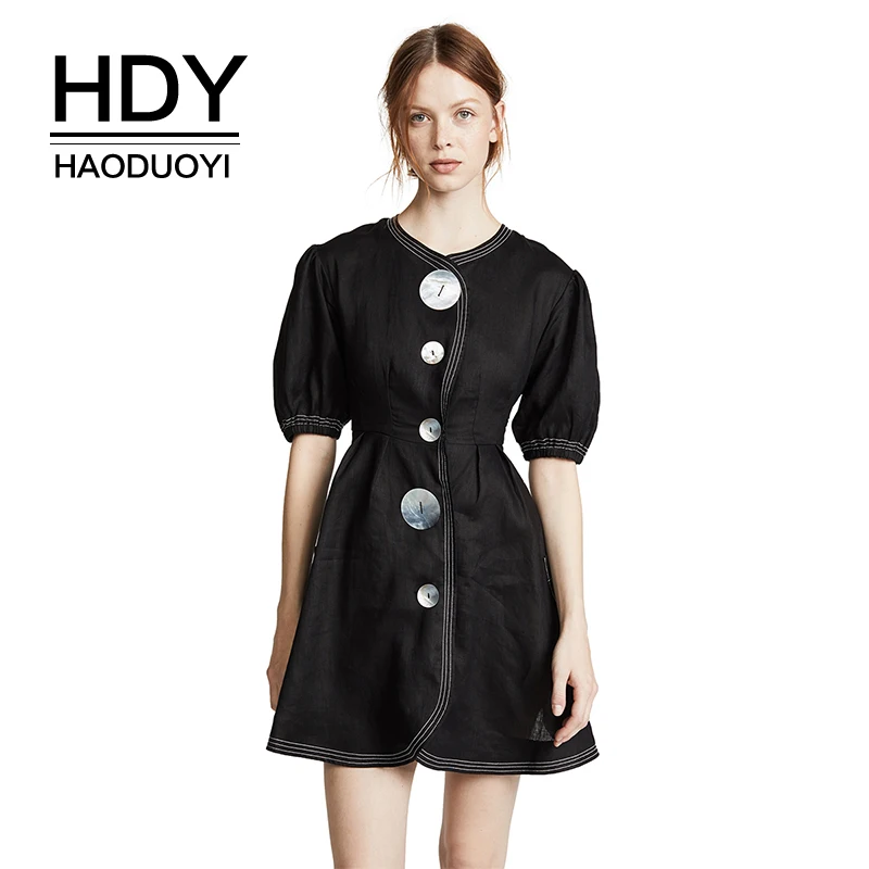 Женское офисное платье HDY Haoduoyi мини с большими кнопками и коротким рукавом а