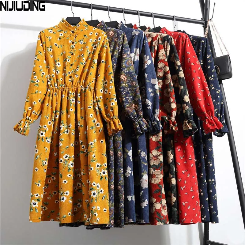 Film And Collar Long Sleeved Corduroy Restoring Ancient Ways Small Broken Flower Long Dress