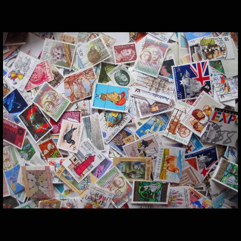 Австралийская почта, бывшие в использовании почтовые марки 100 шт./лот, все разные с почтовым знаком для сбора почтовых марок