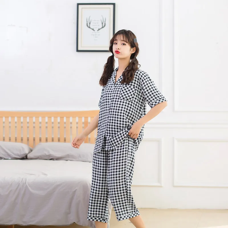 

Summer New Women Cool Comfortable Pajamas Short Sleeve Plaid Pyjamas Women Sleepwear Cute Calf-Length Pants Pijama Sleep Set
