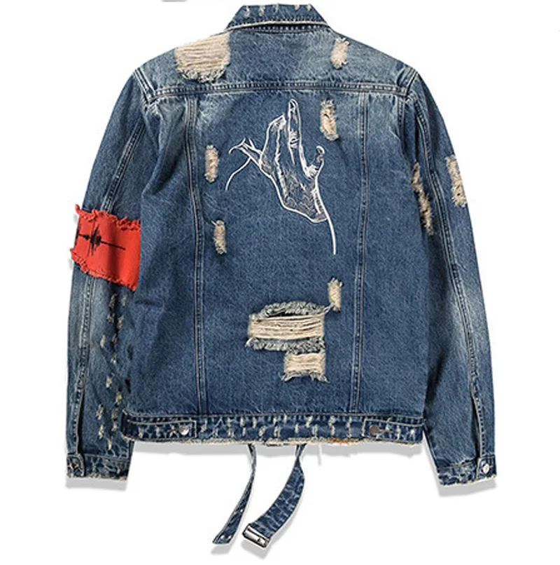 2018 рваные Ленты джинсовые куртки мыть лоскутное Distressed Denim человек Slim Fit уличной