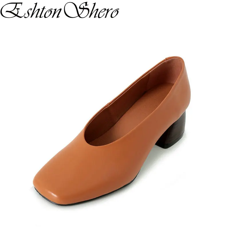 

EshtonShero Summer Women's Shoes Pumps Slip On Genuine Leather+PU Square Toe Med Heel Brown Ladies Wedding Shoes Size 34-39