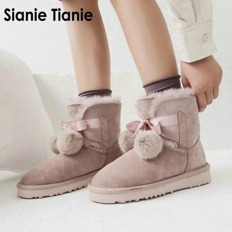 

Sianie Tianie 2018 winter warm shoes genuine leather cow suede shearling fur woman ankle boots with ribbon fur pompom snow boots