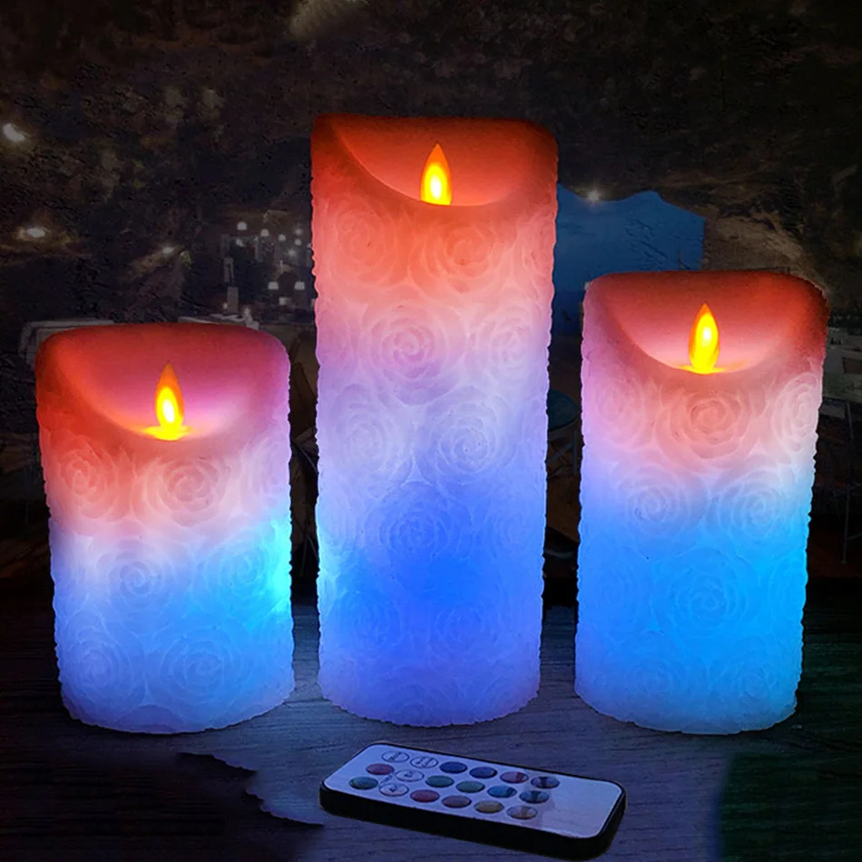 Dancing flame RGB pillar led wax candles 3pcs/set,Pink wax rose