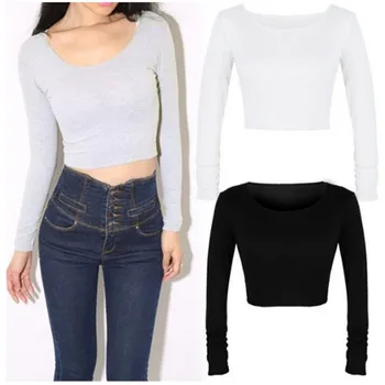 

Sexy Women Summer Cotton Blend Breathable T-shirts Long Sleeve O-neck Solid Tees Casual Navel Bare Tops Slim Fit Women Tops