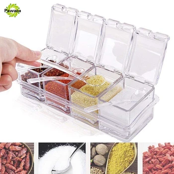 

4Grid Transparent Salt Condiment Cruet Storage Box Spice Jar Set Acrylic Herb Spice Seasoning Box with Lid & Spoon Kitchen Tools