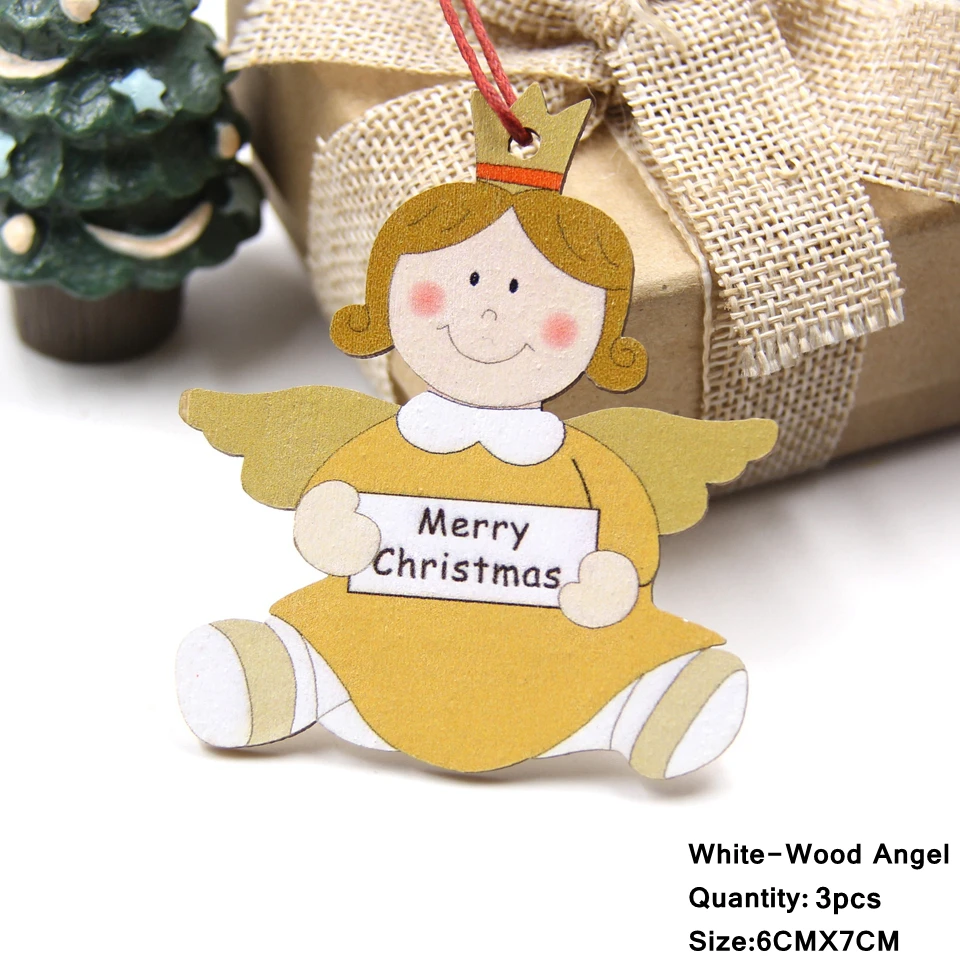 3PCS Lovely Squirrel&Angel Wooden Pendants Ornaments Christmas Wood Craft Kids Toys DIY Christmas Tree Decorations Hanging Gifts - Цвет: 3PCS W-Angel B