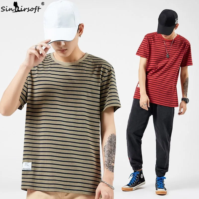 

Men's Loose Short-sleeved Cotton Casual T-shirt Korean Striped Red Short-sleeved Round Neck Pullover Summer Hot T-shirt Male