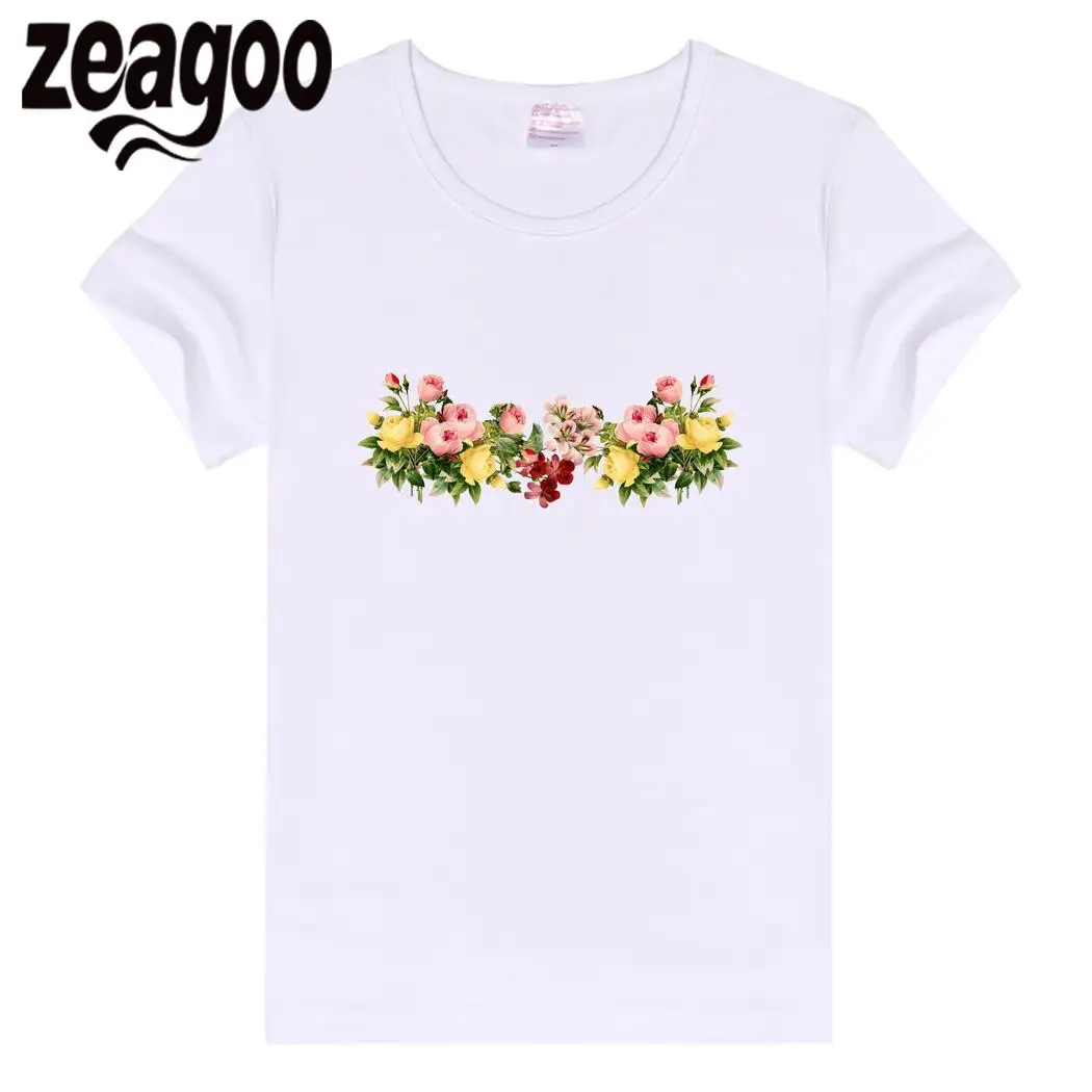 Zeagoo Fit Повседневное, шеи экипажа Slim Для женщин мягкий короткий рукав Футболка белая flower81