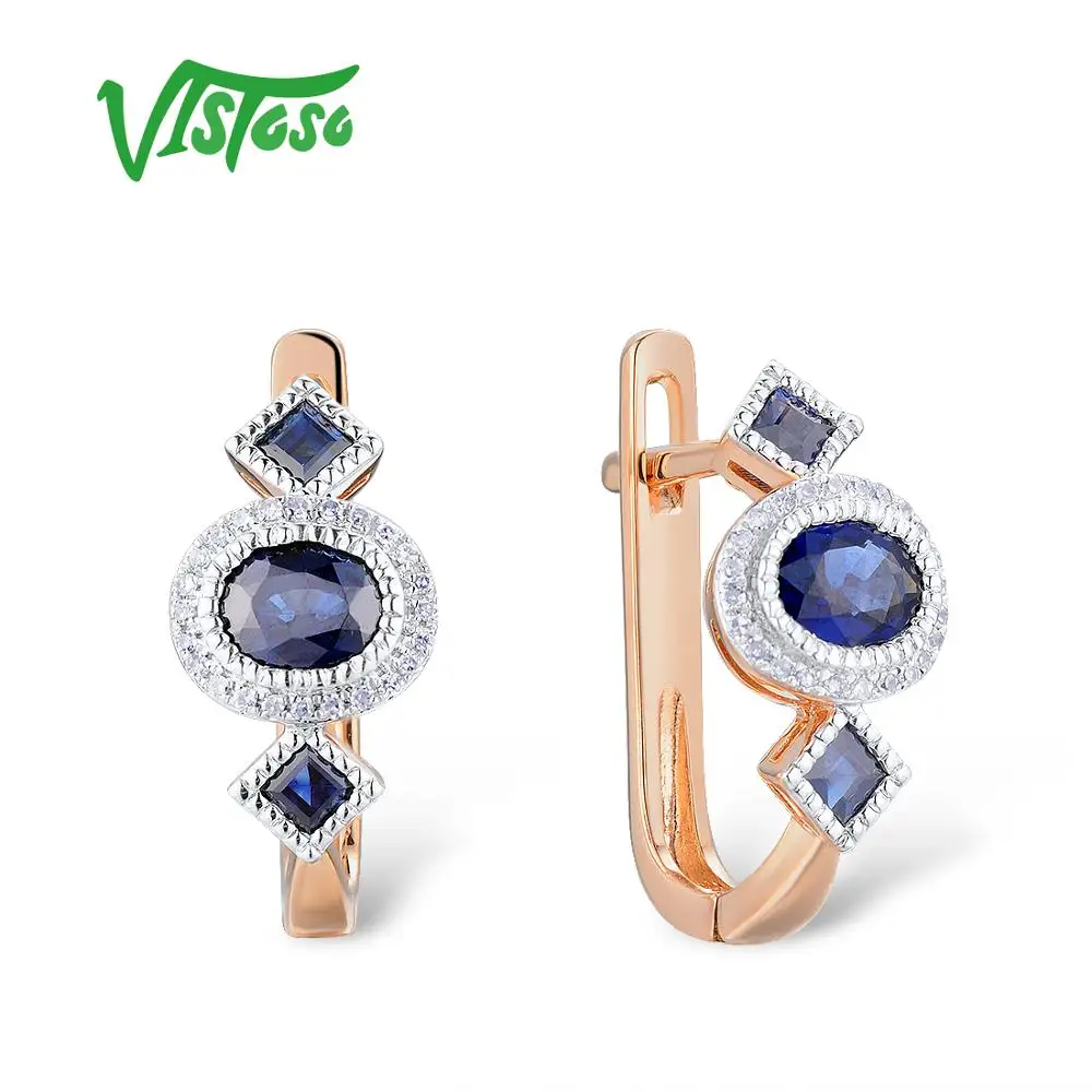 VISTOSO, Золотые серьги для женщин, 14 к, 585, розовое золото, сверкающий синий сапфир, роскошный бриллиант, обручальное кольцо, хорошее ювелирное изделие