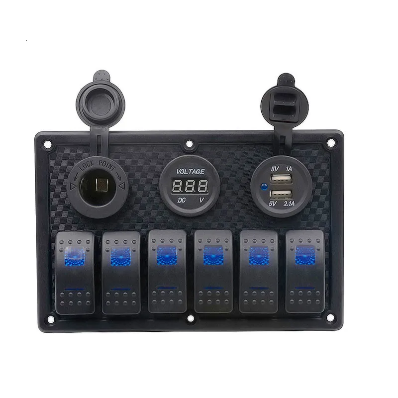 

6 Gang ON-OFF Toggle Cigarette Lighter Car Charger Dual USB Switch Panel Socket Voltmeter Circuit Breaker for RV Truck