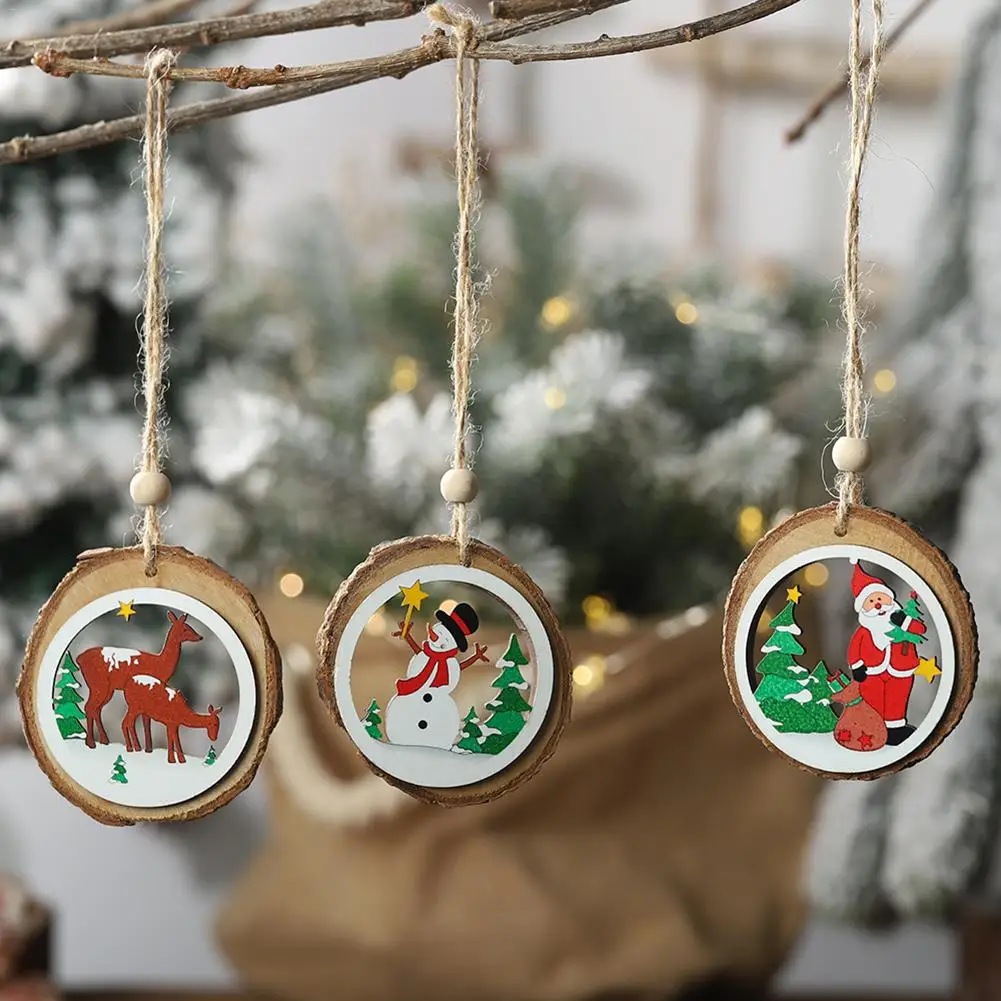 

Christmas Wooden Hanging Decorations Round Hollow Out Snowman Elk Santa Claus Pattern Pendant Ornament Christmas Tree Decoration