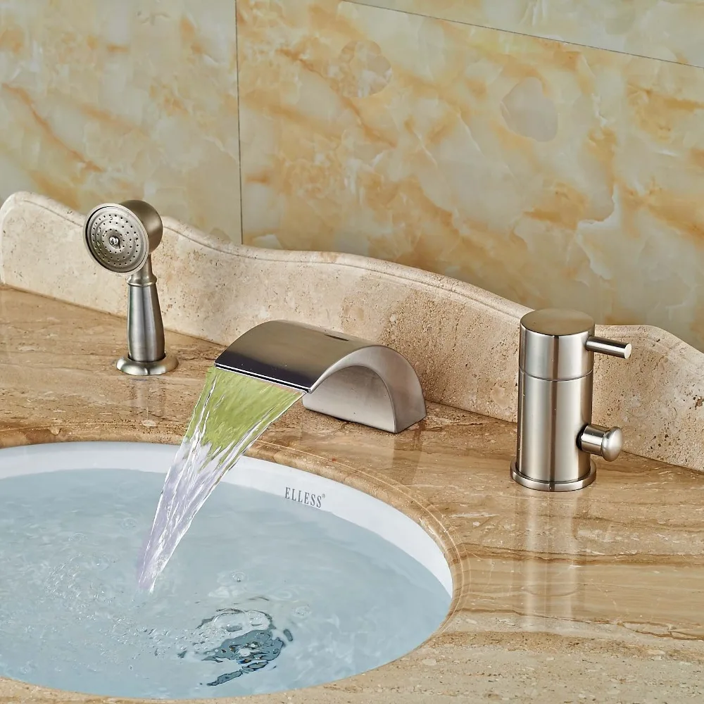 

Deck Mount Bathroom LED Light Tub Faucet Single Handle 3 Holes Bathtub Mixer Water Tap Brushed Nickel Finish