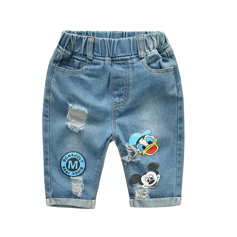 Hot Boys Girls Summer Mickey Striped T Shirt Top+ Denim Shorts Clothes 2pcs Sets Children Kids Hole Jeans Cartoon Clothing
