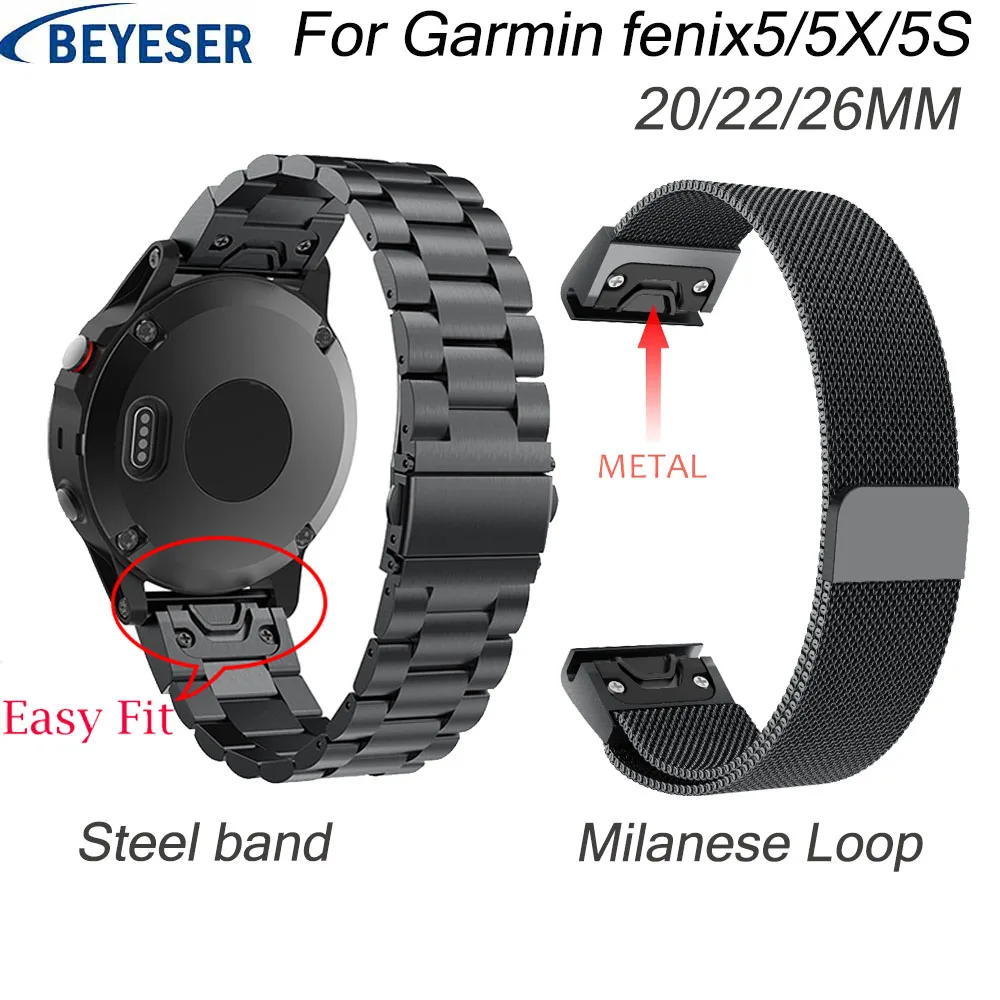 

26 22 20MM Watchband Strap for Garmin Fenix5/5X 5S 3 3HR Watch Quick Release easy fit Stainless steel Milanese Loop wriststrap
