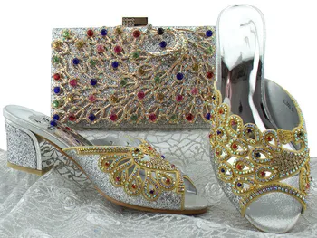 

Pretty silver with colorful stones design high heel slipper shoes with handbag set for evening party BL005