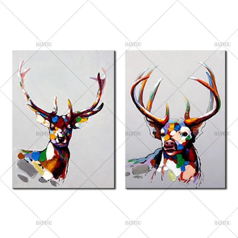 100-Hand-Painted-Group-2-Panels-Modern-Animal-Beautiful-Colorful-Deer-Heavy-Texture-Oil-Painting-on (1)
