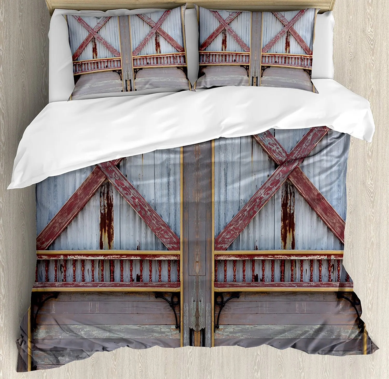 

Industrial Duvet Cover Set Zinc Style Wooden Gate Image Street Construction Window Covered with Plank Decor 4pcs Bedding Set