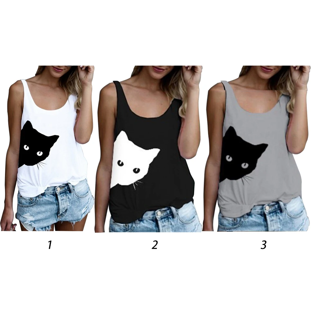 

Women Loose Sleeveless Summer Ladies Cat Print Tank Tops Vest Crew Neck Casual