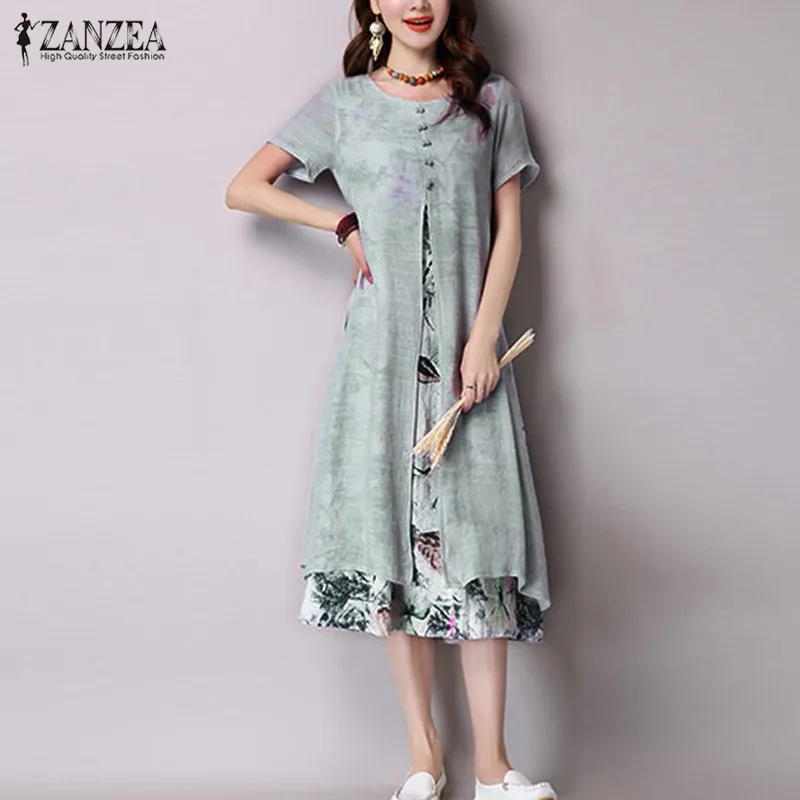 ZANZEA Vestidos, Осеннее женское платье, винтажное, с цветочным принтом, макси, длинное платье, с коротким рукавом, с разрезом, повседневные, свободные платья размера плюс