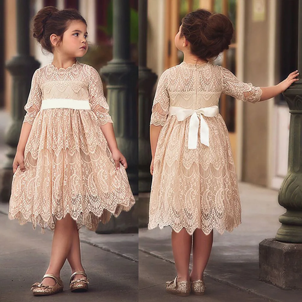 

Party Pageant Girl Long Sleeve Lace Dress O-neck Champagne Gold Ribbon Bow Belt Embroidered Cutout Sleeve Toddler Kid Baby Girl