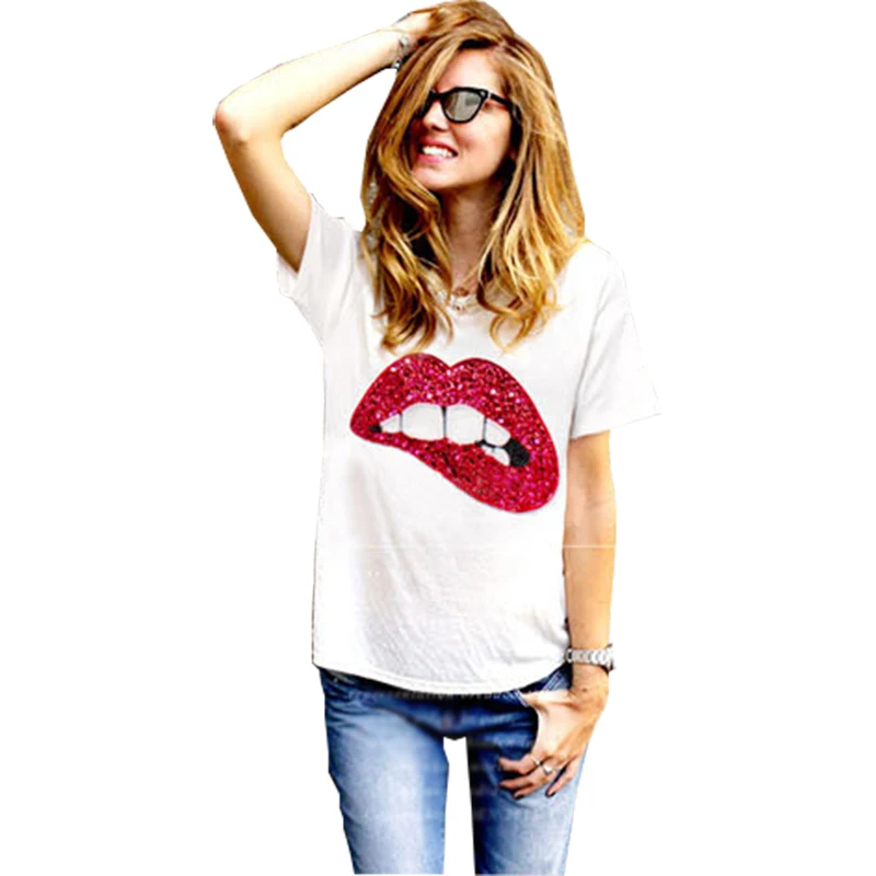 

T shirt women 2019 new fashion plus Size Women Summer New Lips Manual Print Short Sleeve T-Shirt vestidos de festa T013