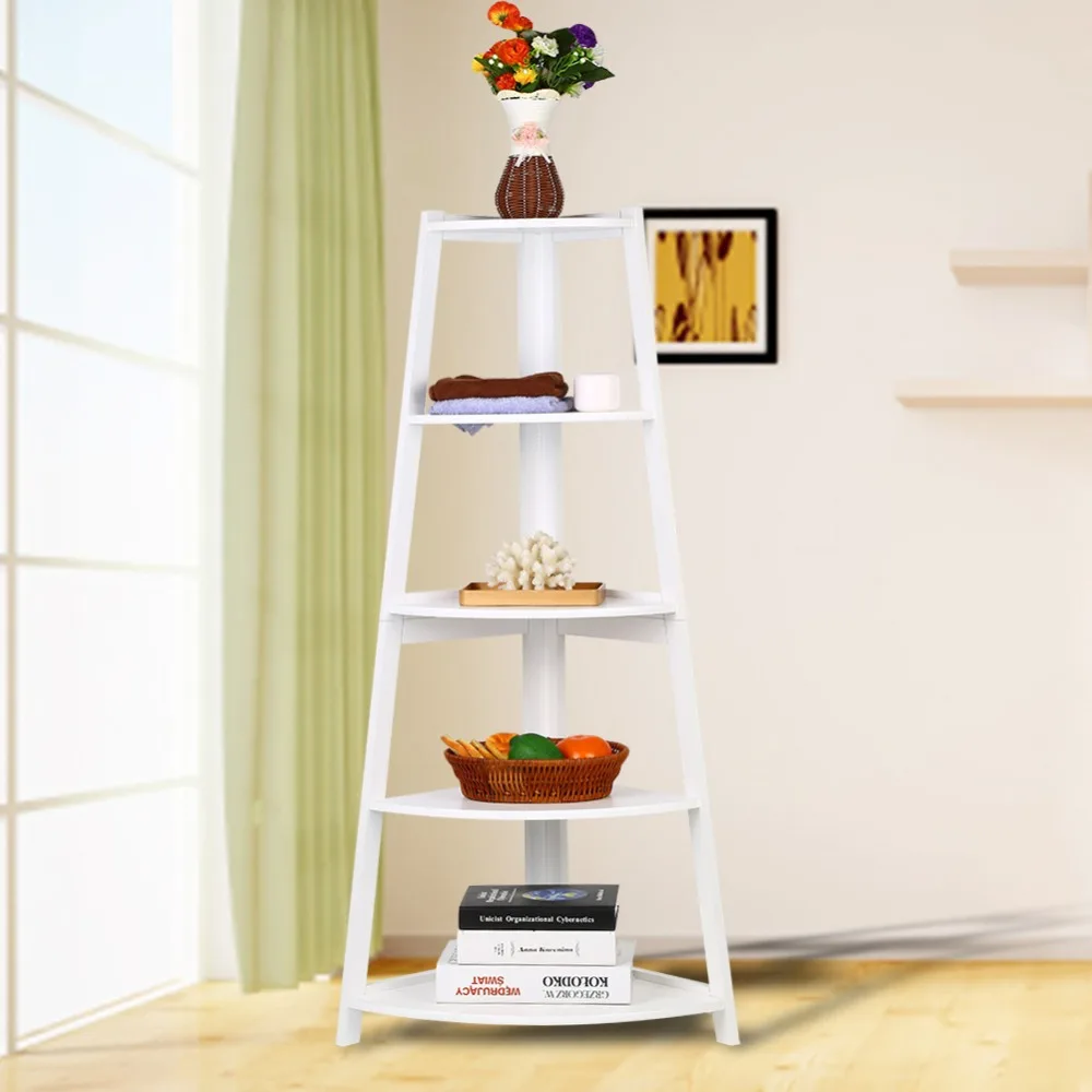 

Wooden White Modern 5-Tier Corner Ladder Shelf Bookshelf Storage Organizer Display Rack Stand