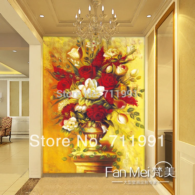 

Free shipping custom 3D mural wallpaper dining room entrance hallway background wallpaper European paintings of flowers