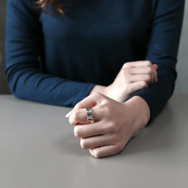 SHANICE Wide Antique Thai Silver 925 Sterling Silver Open Rings Flat Chain Adjustable Finger Rings Fashion Silver Jewelry