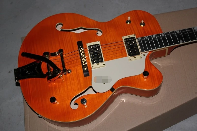 

Factory custom orange semi-hollow thick body double f holes electric guitar with flame maple veneer, can be changed