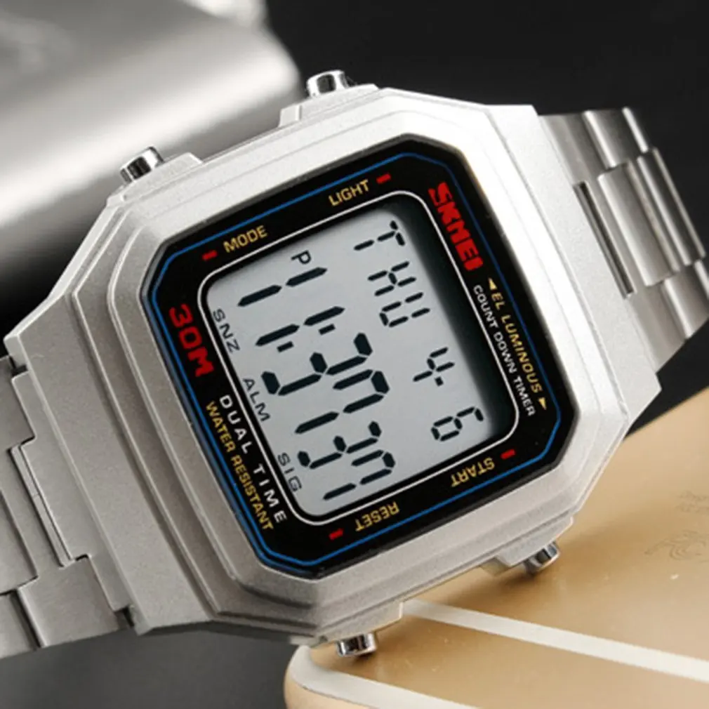 

Trend square electronic watch men's steel strap stopwatch alarm watch