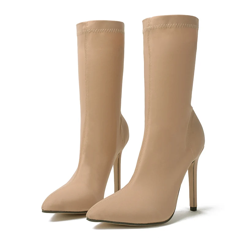 Роскошные дизайнерские женские туфли на высоком каблуке 11 см; Фетиш; Шелковый носок; сапоги на шпильках; растягивающиеся ботильоны; Scarpins; весенняя обувь для выпускного - Цвет: Бежевый