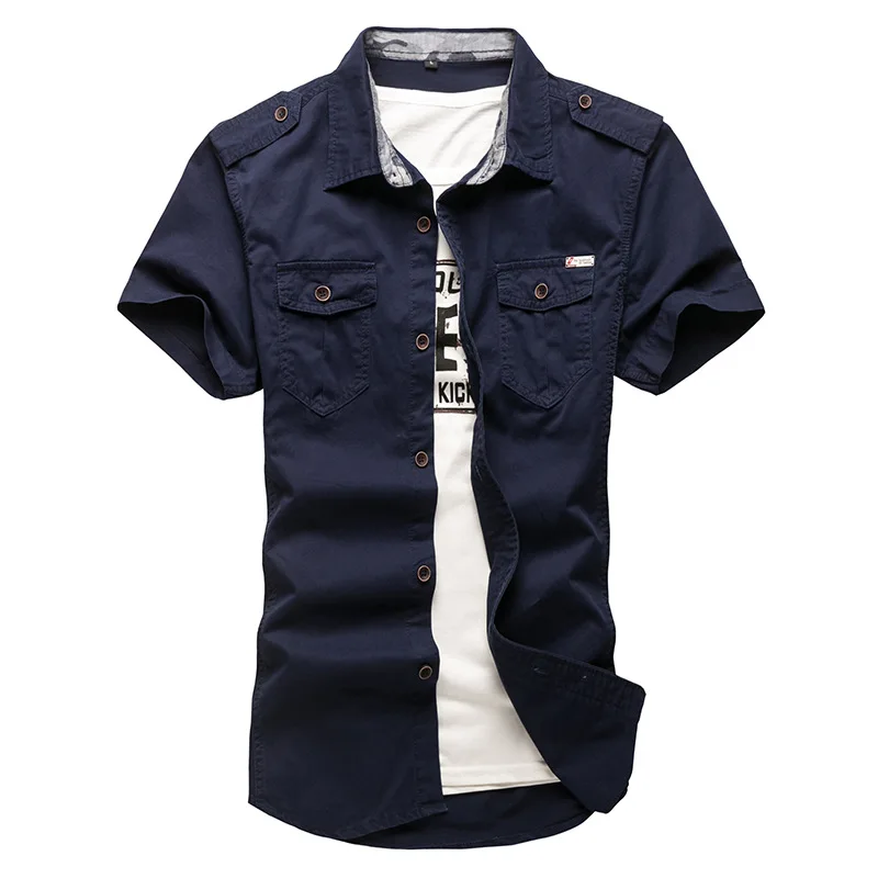 Idopy, повседневные мужские рубашки в стиле милитари, Pacthwork, с карманом, облегающие мужские рубашки с коротким рукавом, цвета хаки, темно-синий, Armygreen, рубашки для мужчин - Цвет: Тёмно-синий