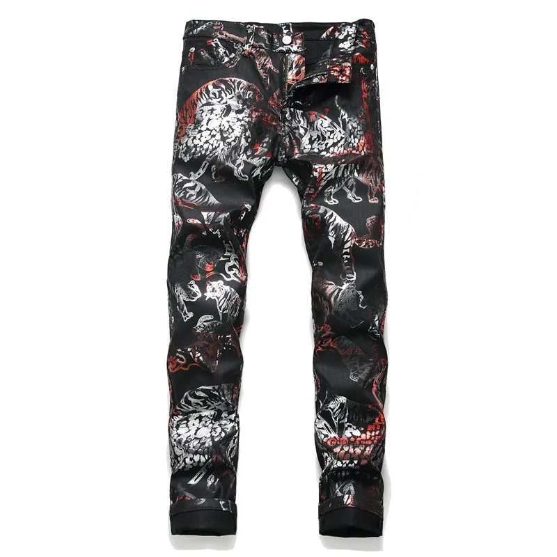 Sokotoo Men's tiger animal printed coated jeans Fashion slim fit black painted stretch pants